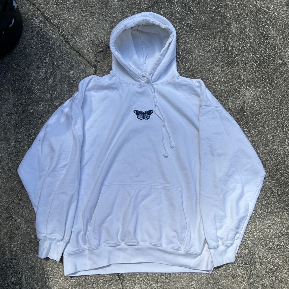 John Galt Brandy Melville White Butterfly Embroidered Oversized Hoodie One Size